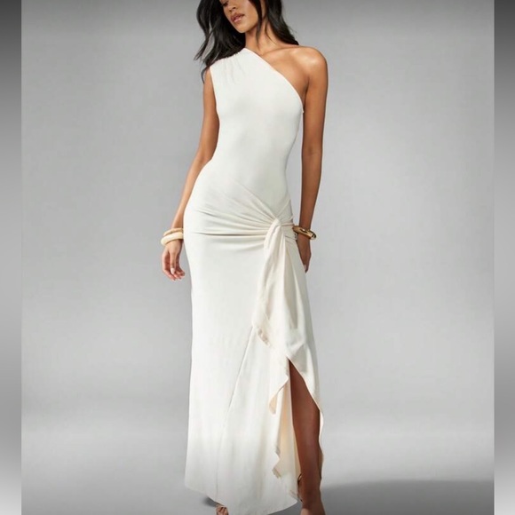 Elegant One-Shoulder Beige  Dress - Picture 1 of 7